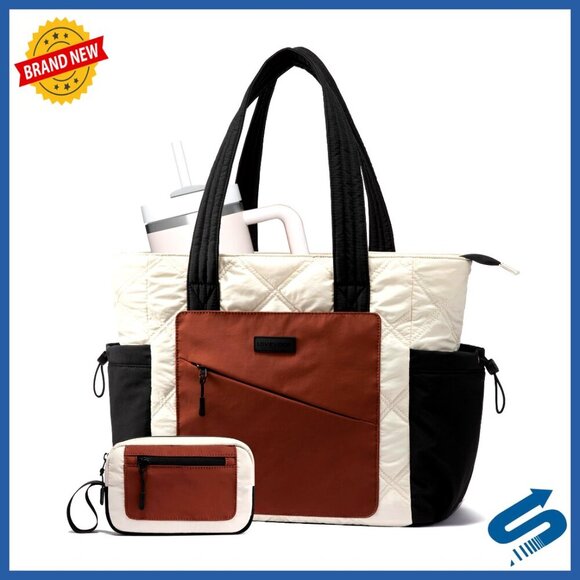 Handbags - Lightweight Quilted Tote Bag with Luggage Strap, Multiple Pockets